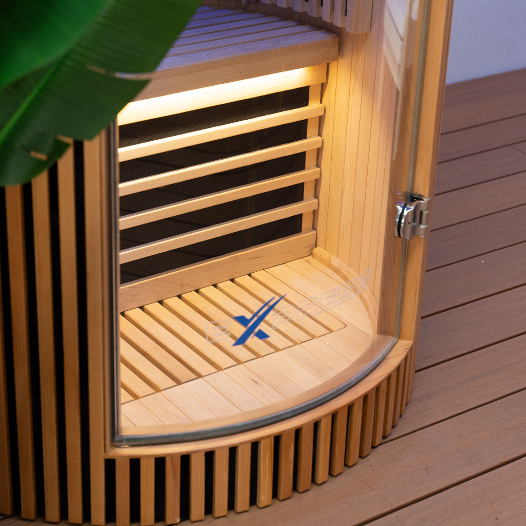 Wooden sauna with a brand logo on a wooden deck