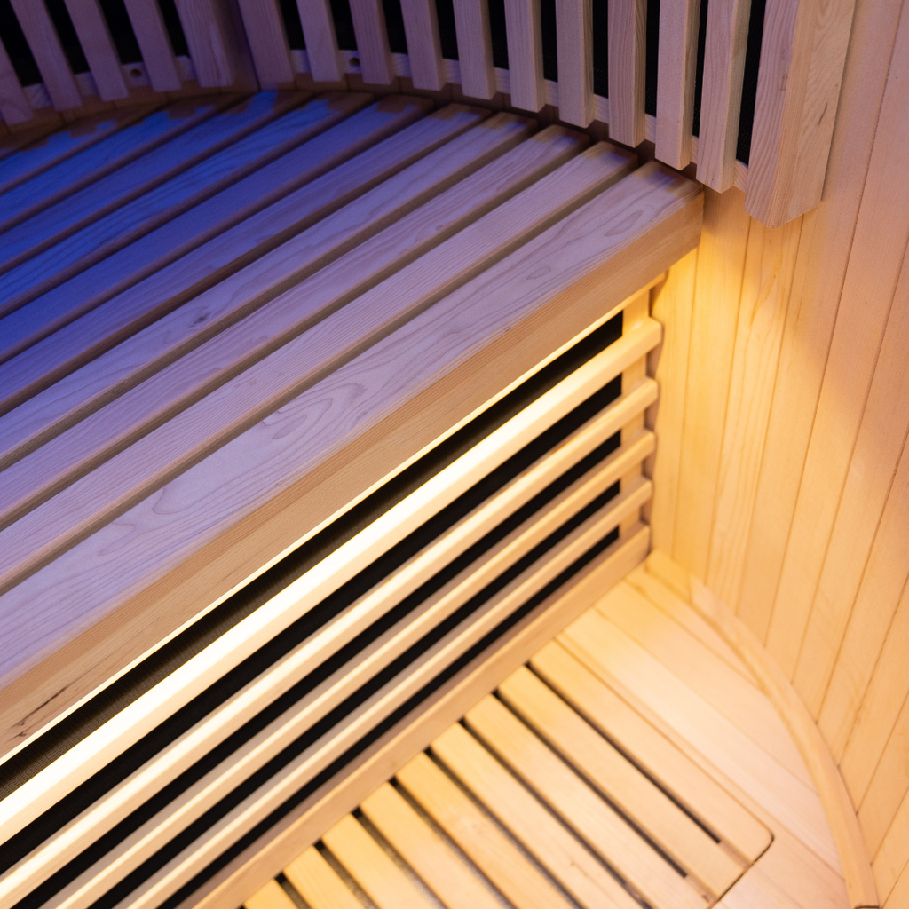 Wooden sauna interior with glowing lights