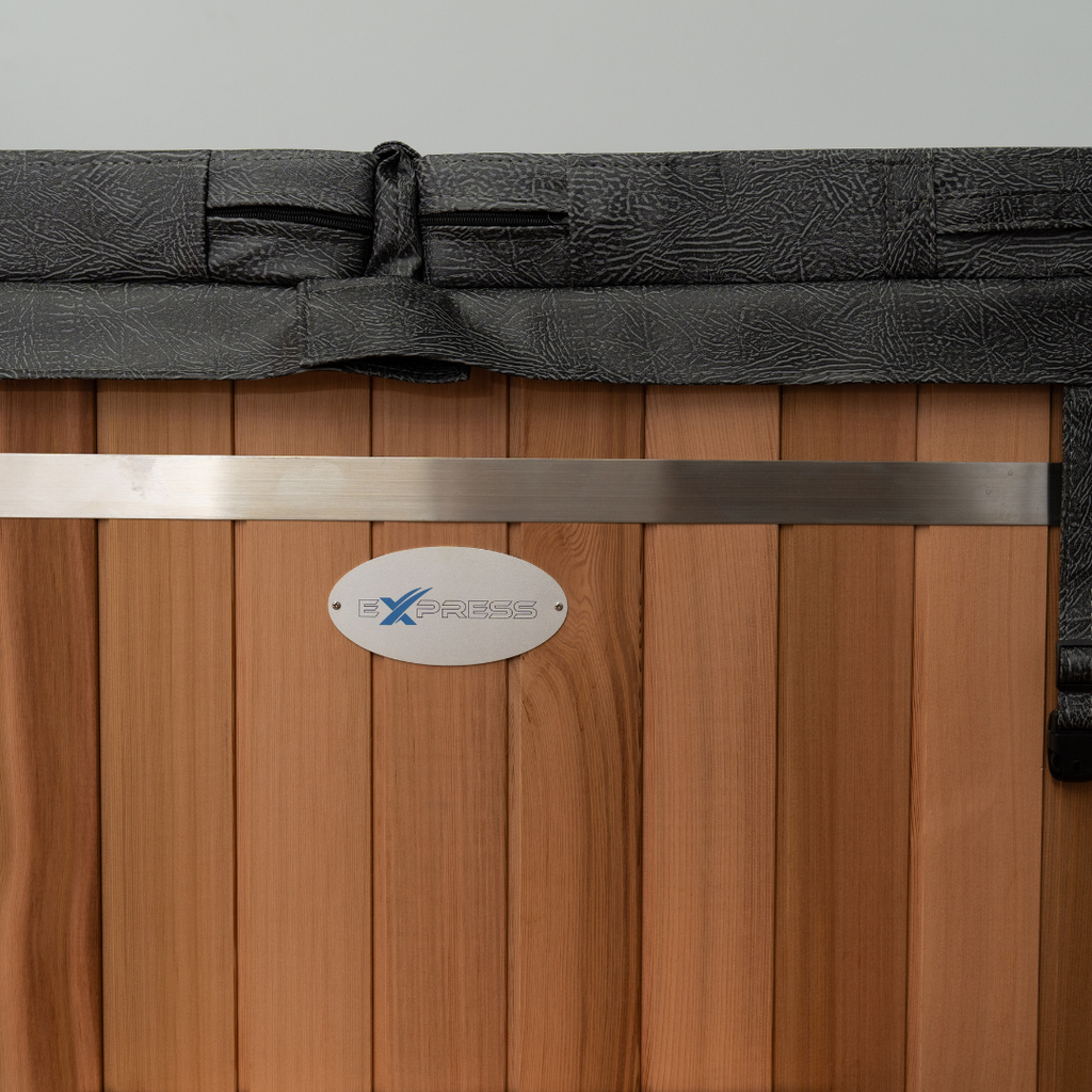 cedar ice bath with black cover and logo on a gray background