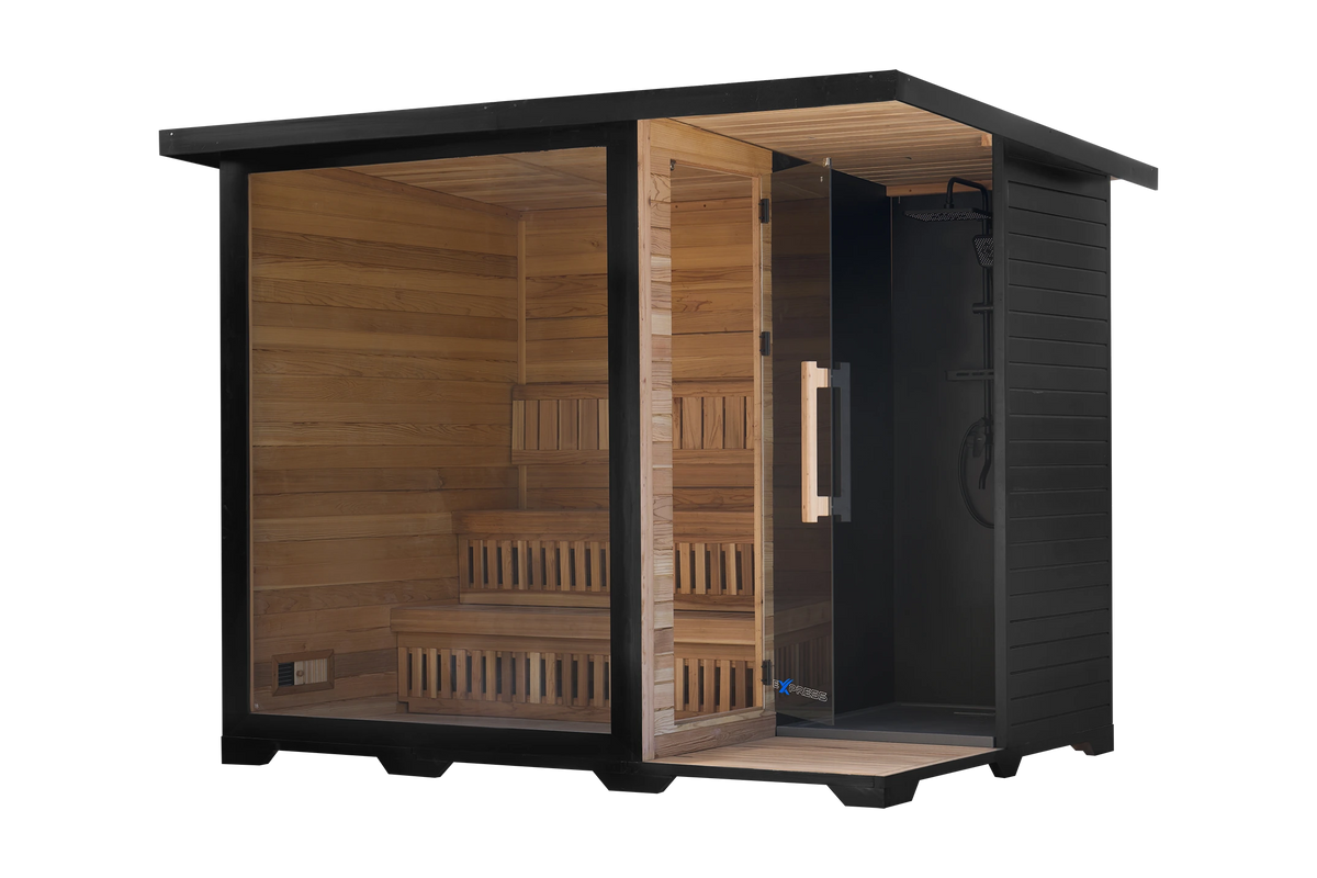 Haven Luxe | 4 Person Traditional Sauna - Japanese Cedar Cabin Sauna with Glass Front for Home Wellness & Relaxation
