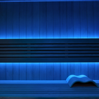 Modern interior with blue LED lighting on wooden panels