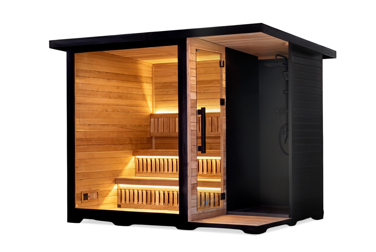 Haven Luxe | 4 Person Traditional Sauna - Japanese Cedar Cabin Sauna with Glass Front for Home Wellness & Relaxation