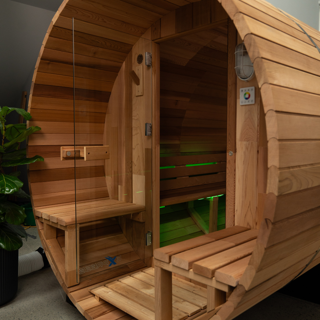 Wooden sauna with open door. front porch with seating 